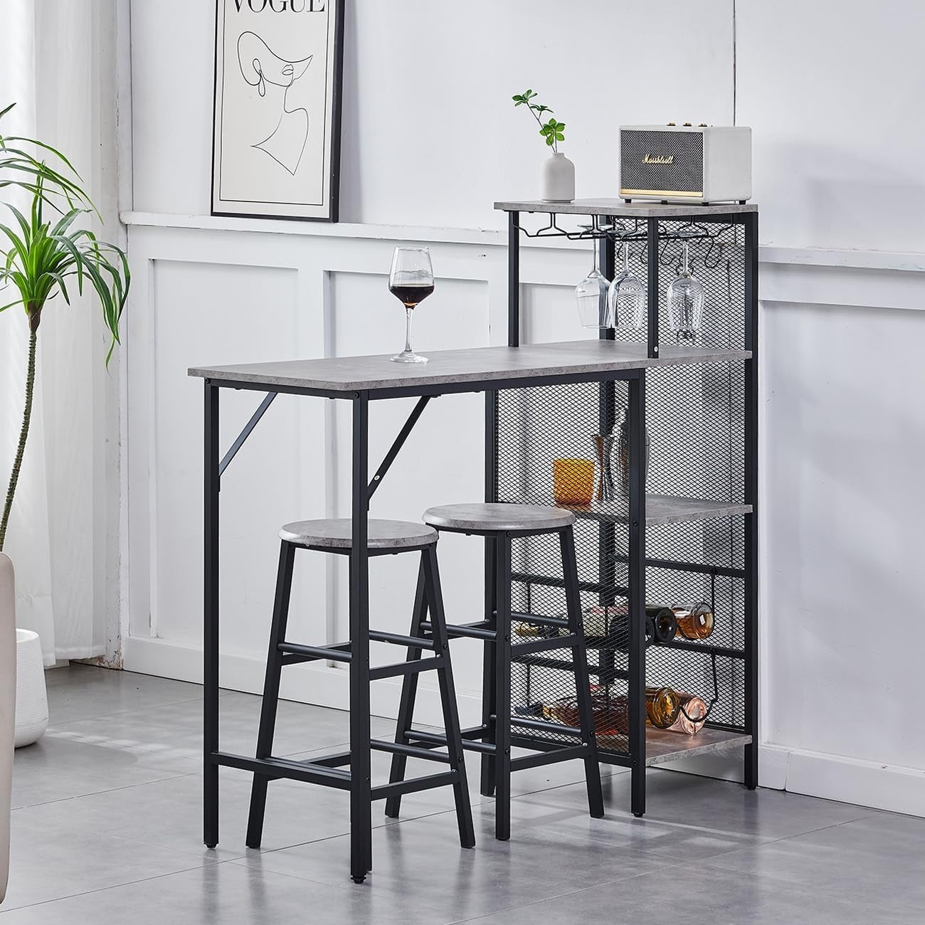 3Pcs Bar Table Set with Stools Wine Rack Cup Holder Grey Marble Dining Unit