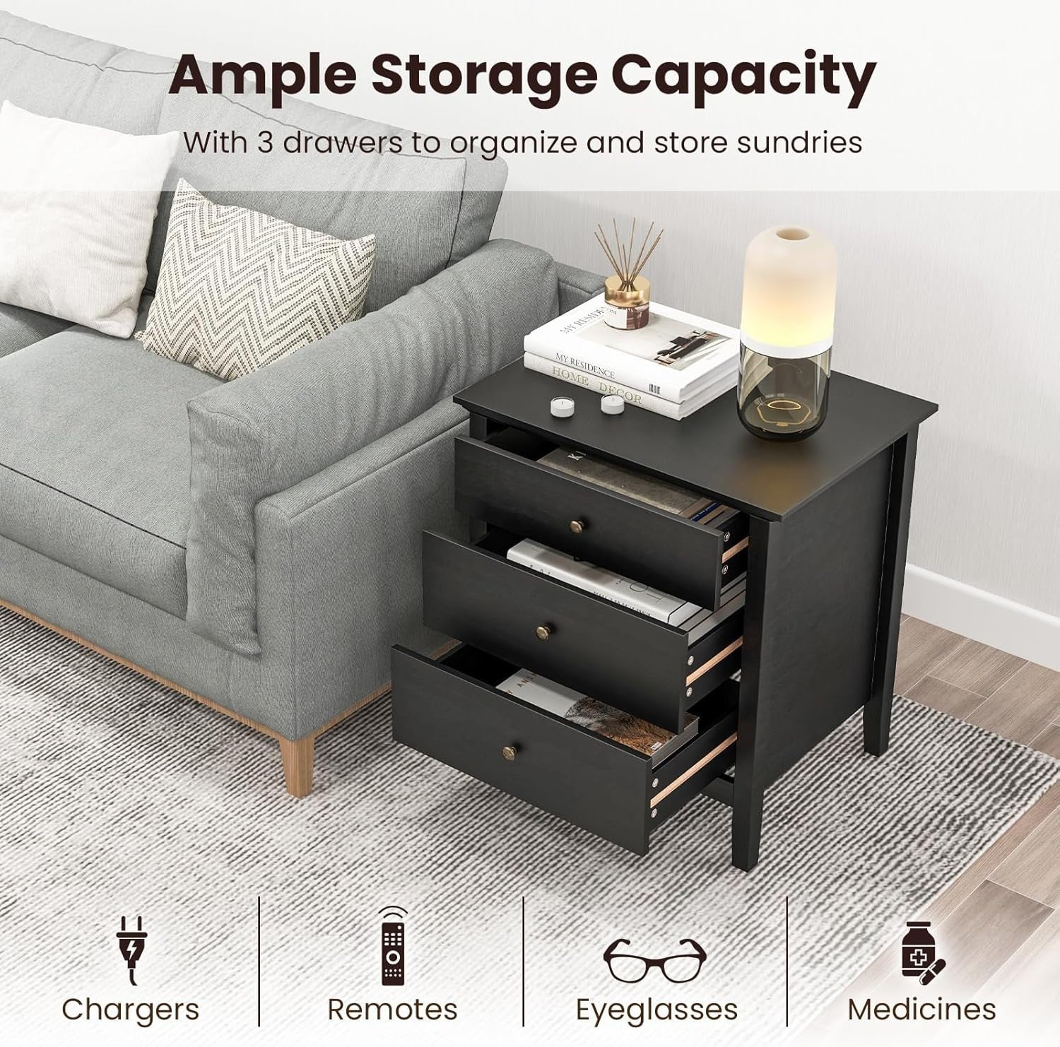Black Wooden 3 Drawer Bedside Table | Modern Storage Cabinet