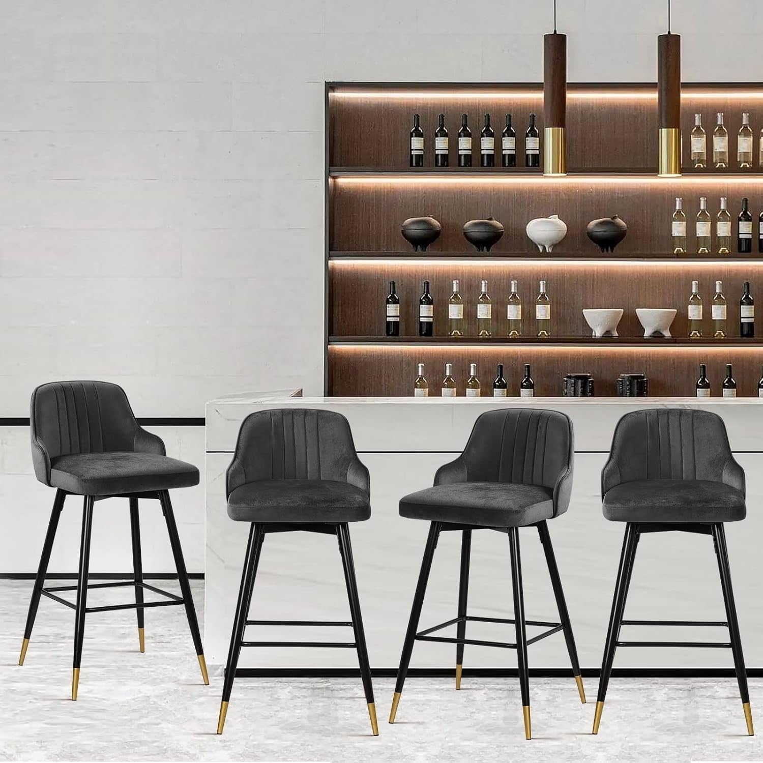 Grey Velvet Swivel Bar Stools Set of 4 – Kitchen Counter Chairs