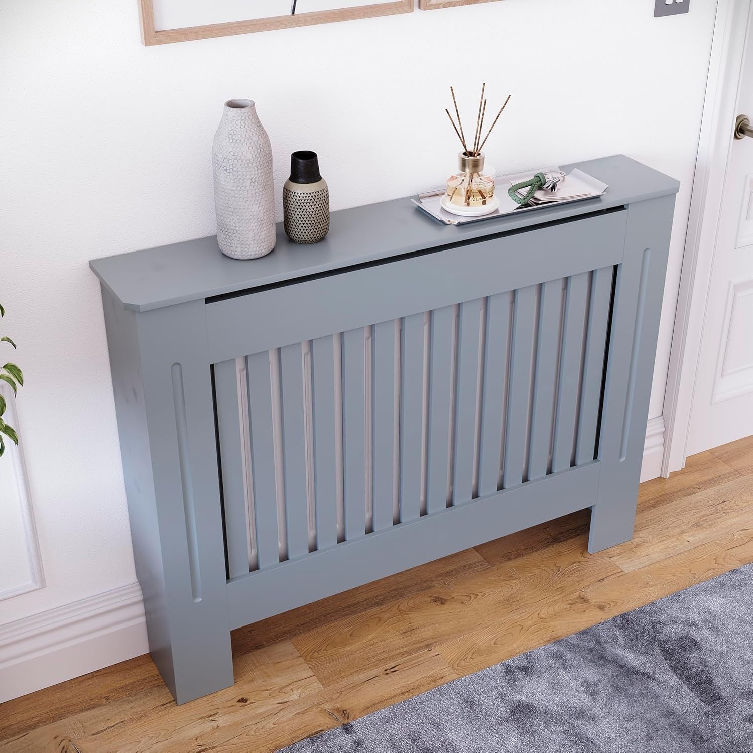 Medium Grey Radiator Cover Cabinet Modern MDF Slatted Heating Unit
