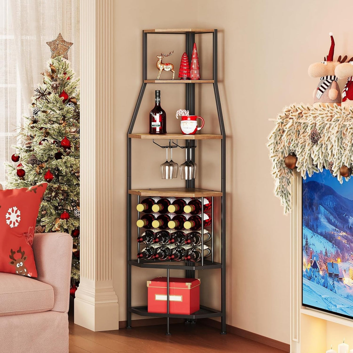 5-Tier Corner Wine Rack Bottle Storage Cabinet with Glass Holder Rustic Brown