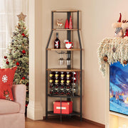 5-Tier Corner Wine Rack Bottle Storage Cabinet with Glass Holder Rustic Brown
