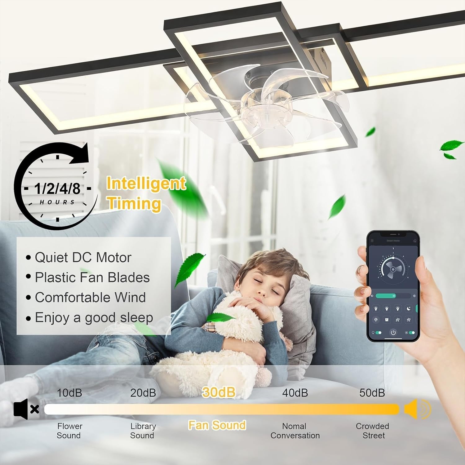 JIINOO 90CM Ceiling Fan with LED Light, 6-Speed, Reversible Motor, Remote