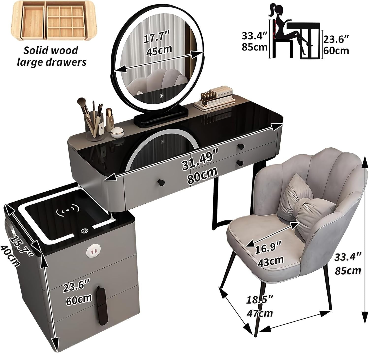 Smart Makeup Vanity Dressing Table Set w/ Mirror, Wireless Charging, 5 Drawers