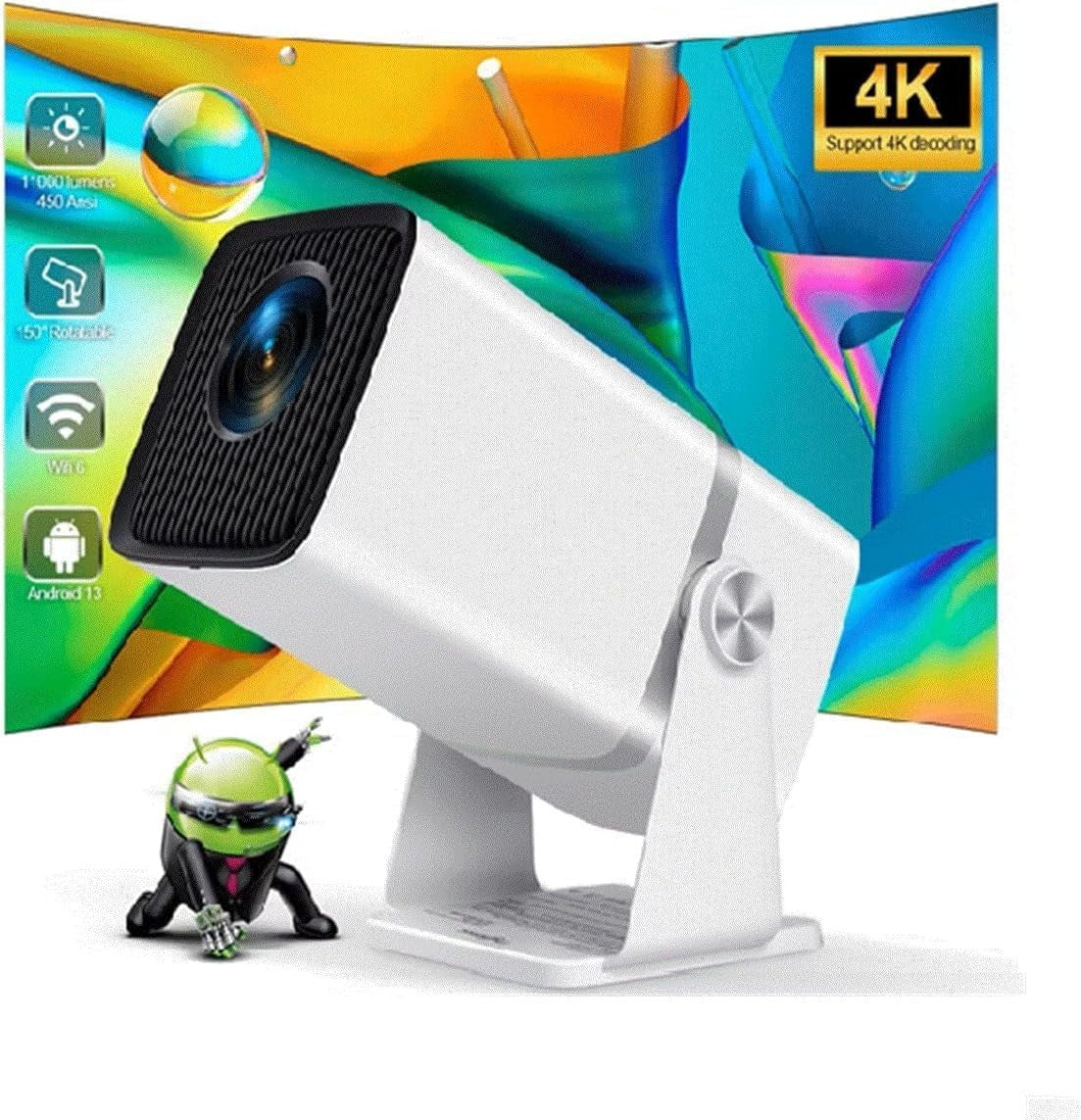 Mini 1080P Android Projector WiFi 6 Bluetooth 4K 3D Portable