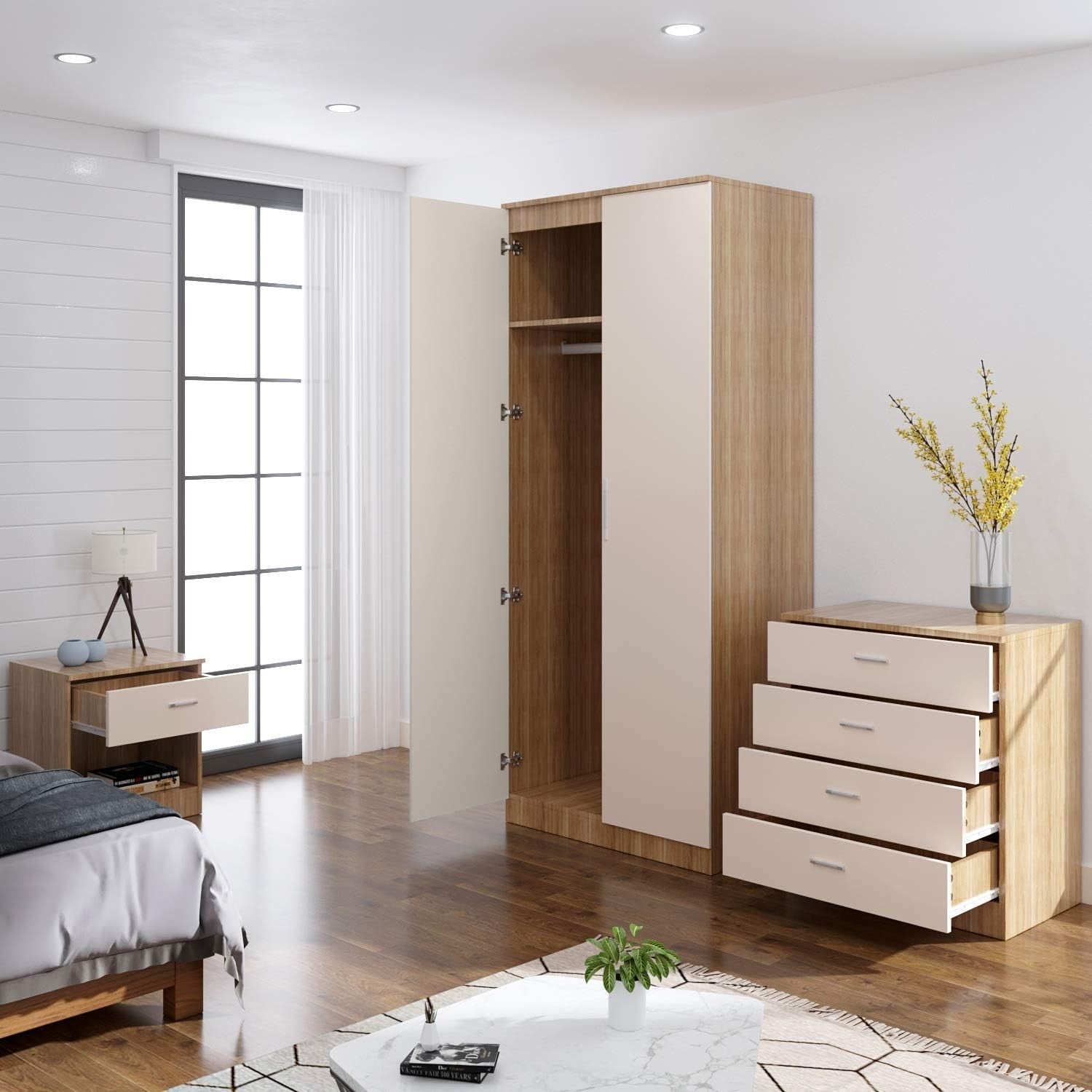 2 Door Wardrobe High Gloss Cream Oak Modern Storage Soft Close Bedroom