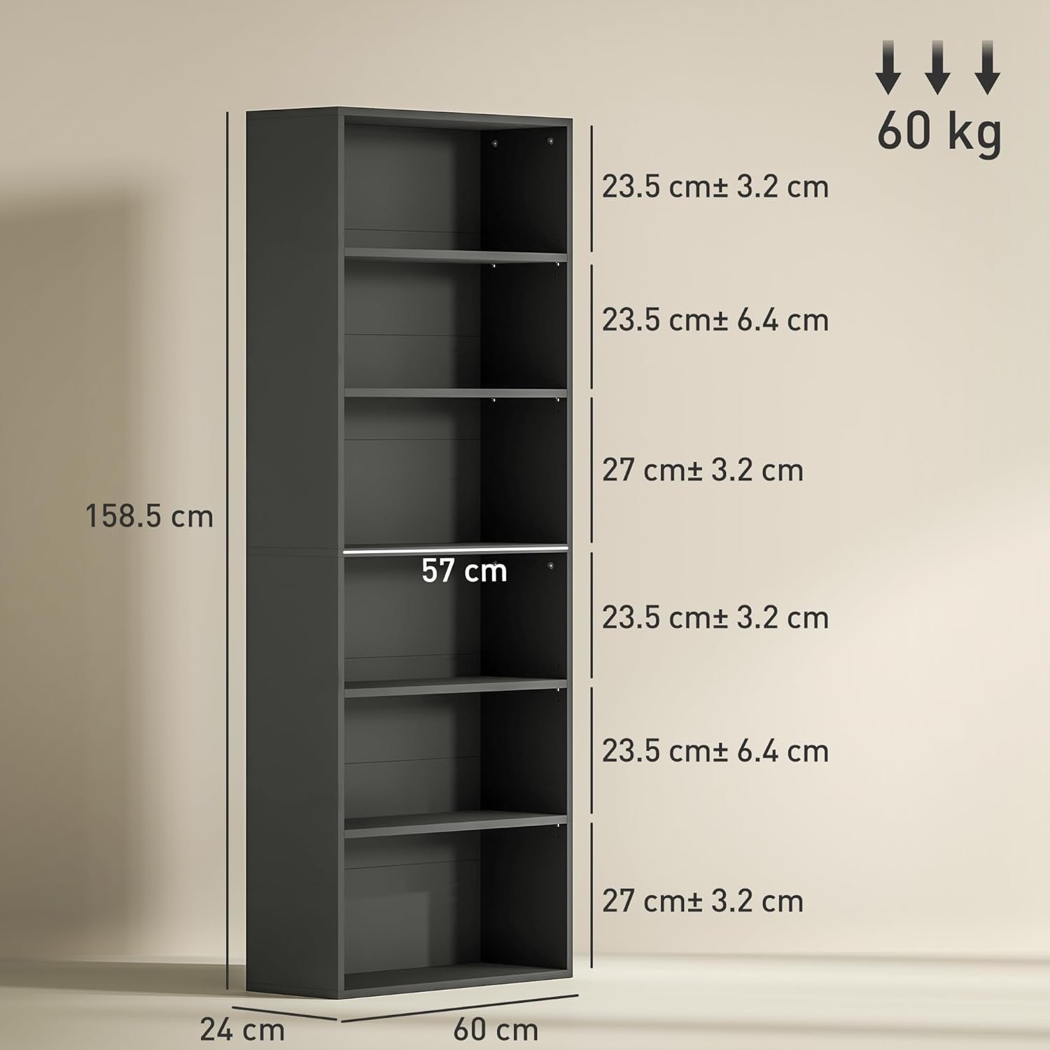 Black 6-Tier Tall Bookcase Adjustable Shelves Modern Narrow Storage Unit