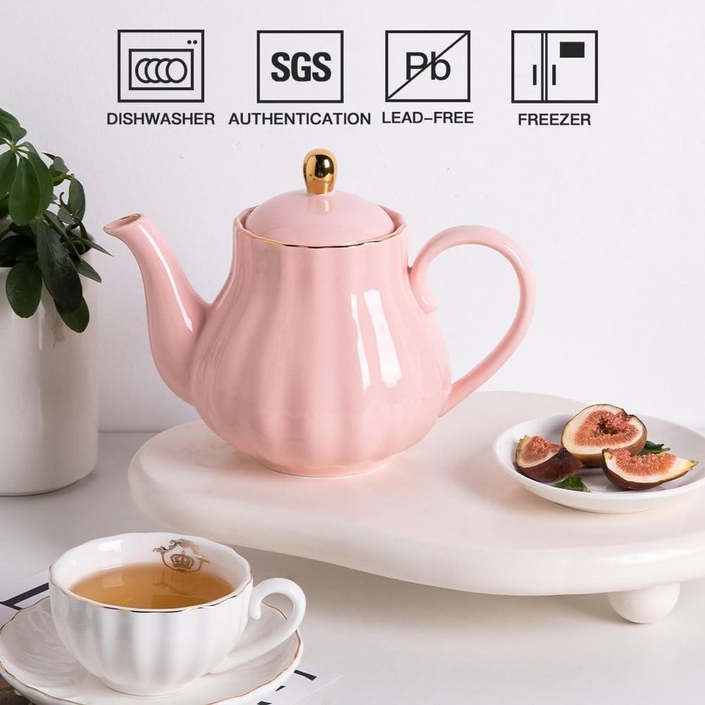 Ceramic Teapot 1100ml Pink Tea Pot w/ Stainless Infuser 5-6 Cups
