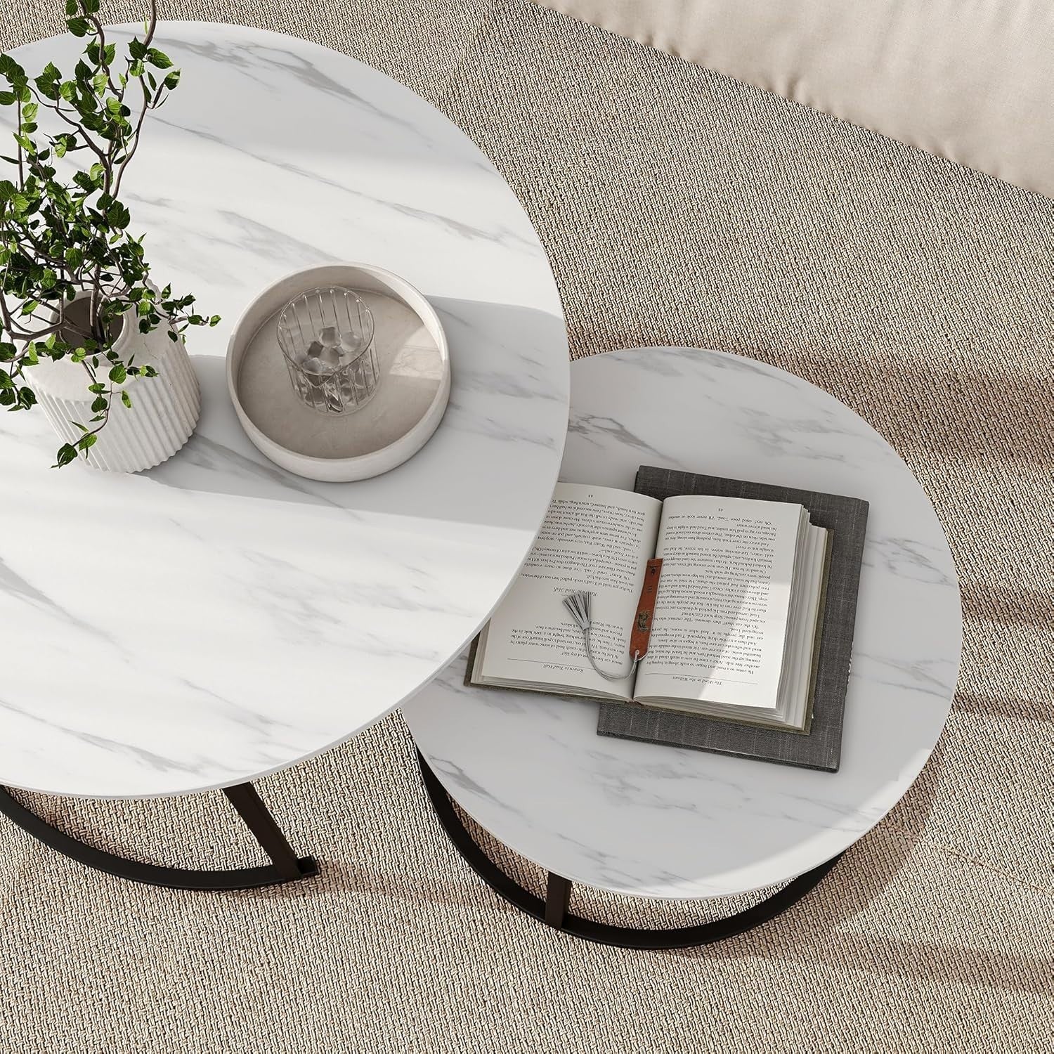 Nesting Coffee Table Black White Round Metal Legs Side End Modern Wood Look