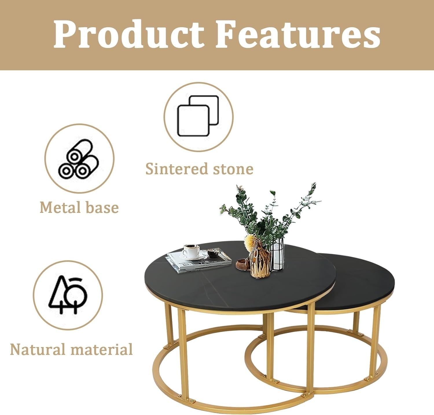 Black Gold Nesting Coffee Table Set Stone Top End Side Tables Round Modern
