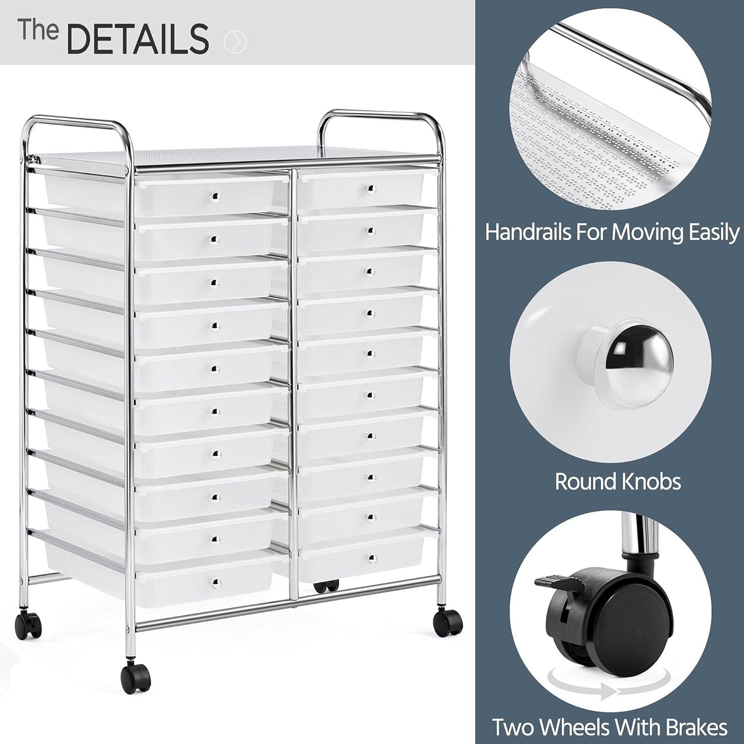 20 Drawer Rolling Storage Cart Mobile Organizer Trolley White Wheels
