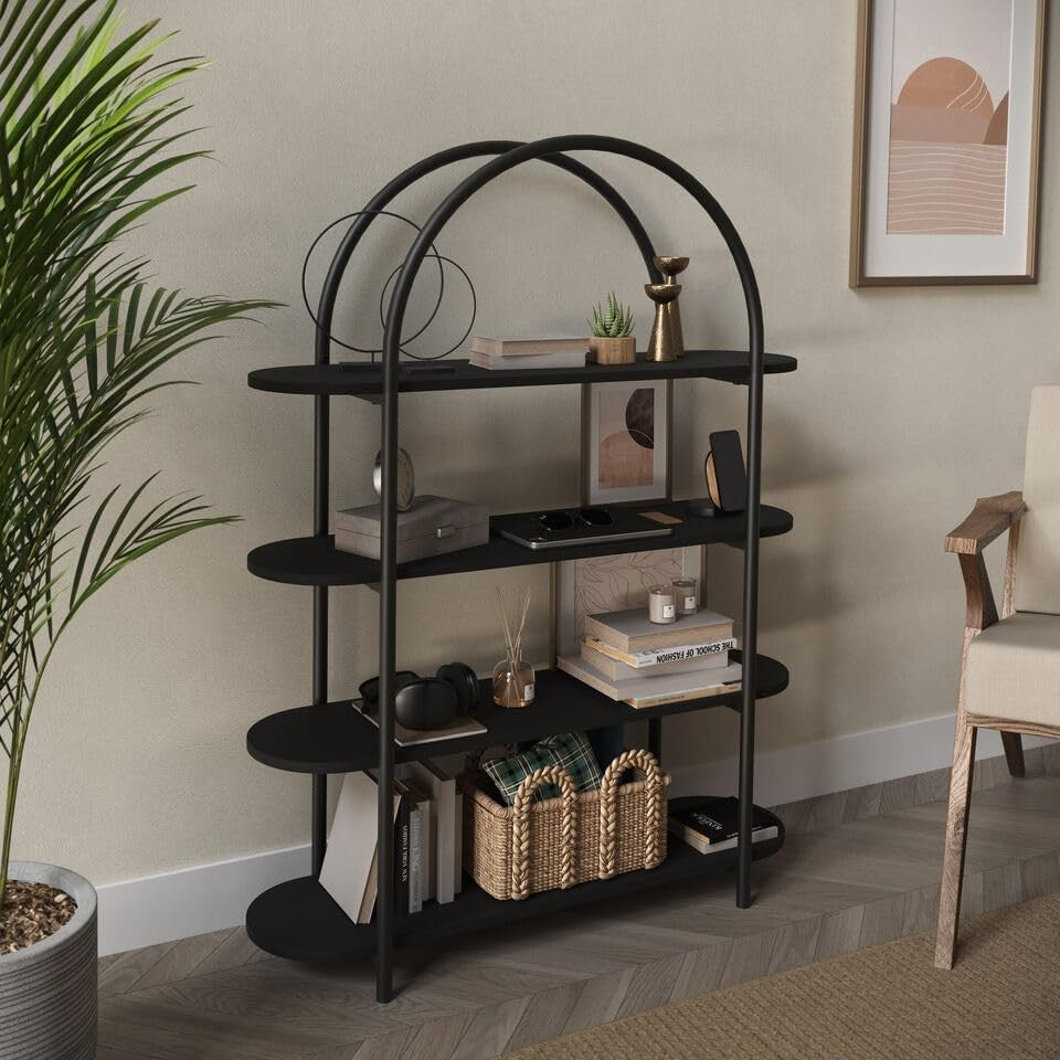 Modern 4-Tier Arched Bookcase Storage Shelf Unit – Metal Frame, MDF Shelves, Bla