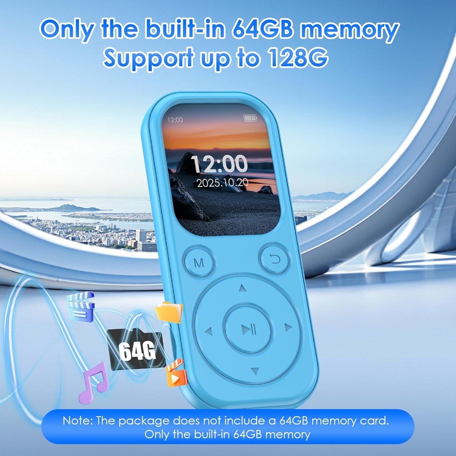 64GB Bluetooth 5.3 MP3 Player Blue Built-In Speaker FM