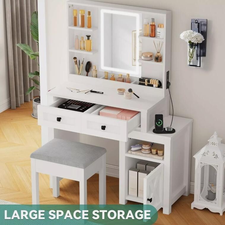 Farmhouse Vanity Desk Set LED Mirror USB Stool Makeup Table Bedroom White
