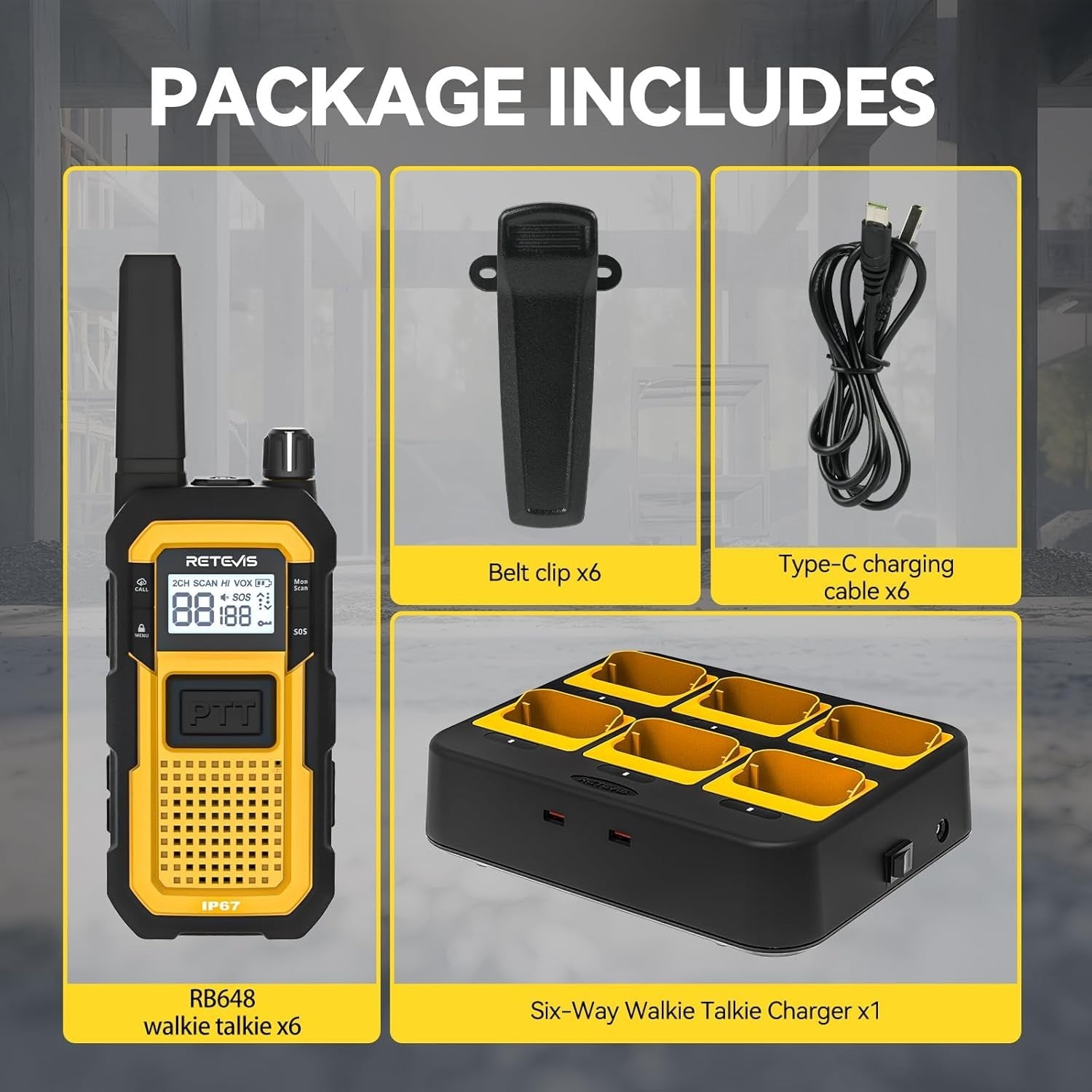 Heavy Duty Waterproof Walkie Talkies IP67 6 Way Charger 6 Pack Radio