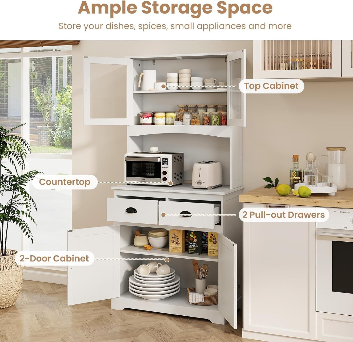 White 170cm Kitchen Cupboard 4-Door Pantry 2 Drawers Adjustable Shelf Cable Hole