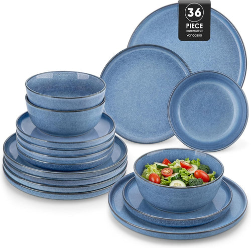 36pc Ceramic Dinner Set Blue Plates Bowls Microwave Dishwasher Safe