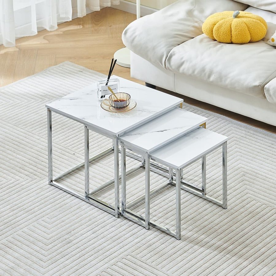 3 Pc Nesting Coffee Table Set Modern White Marble Look Side End Tables