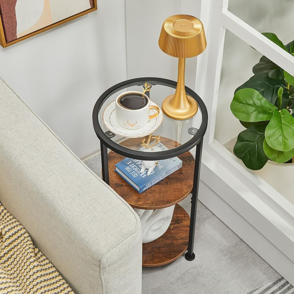 Modern Rustic Brown Round Side Table with Tempered Glass & 3-Tier Storage
