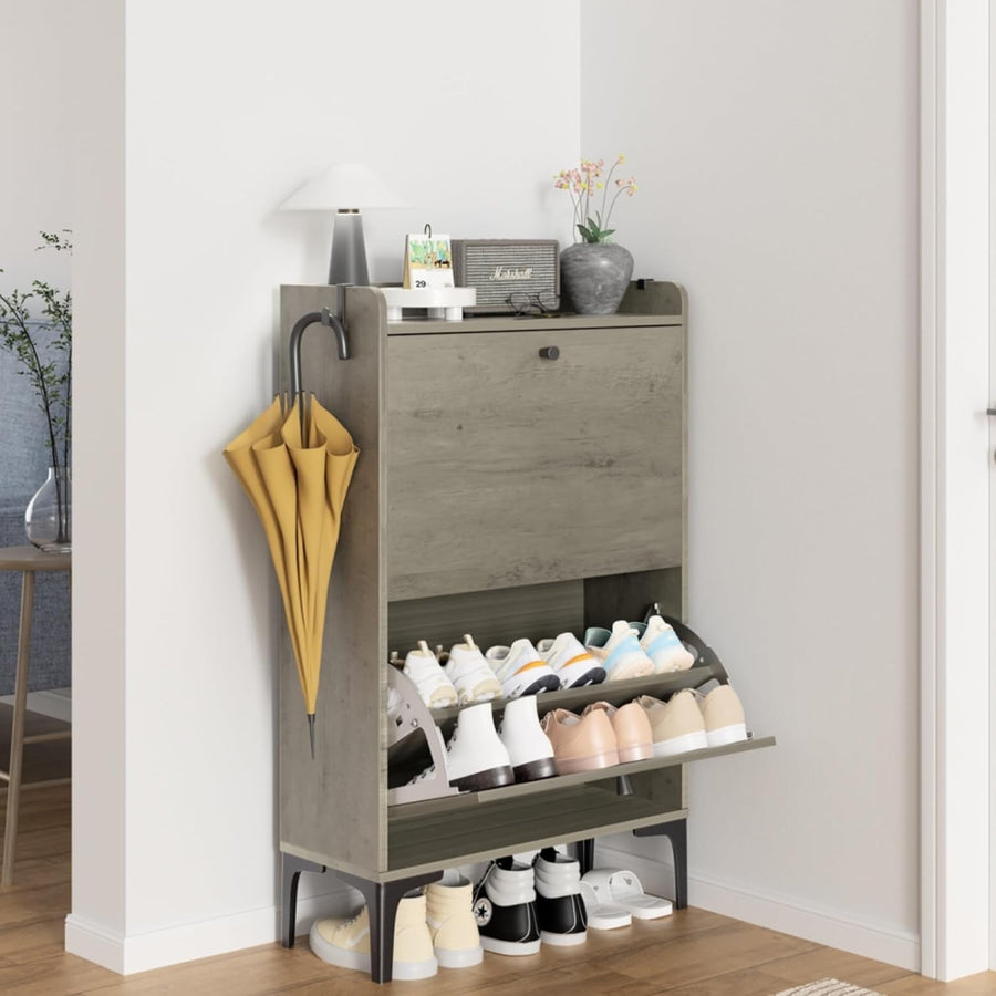 Shoe Cabinet 2 Flip Drawers Adjustable Dividers Compact Hallway Storage Grey