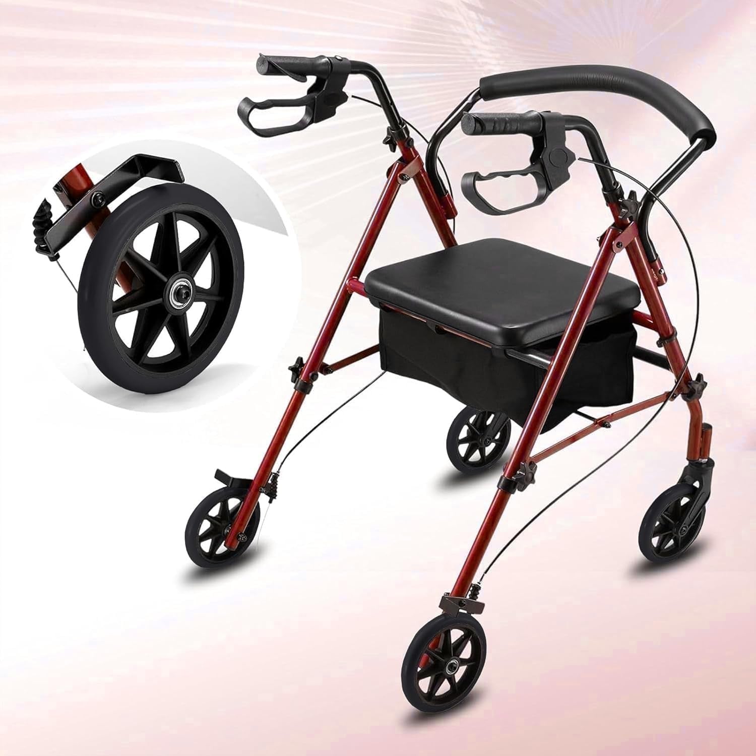 Lightweight Folding Rollator Walker Seat 4 Wheels Adjustable Brakes