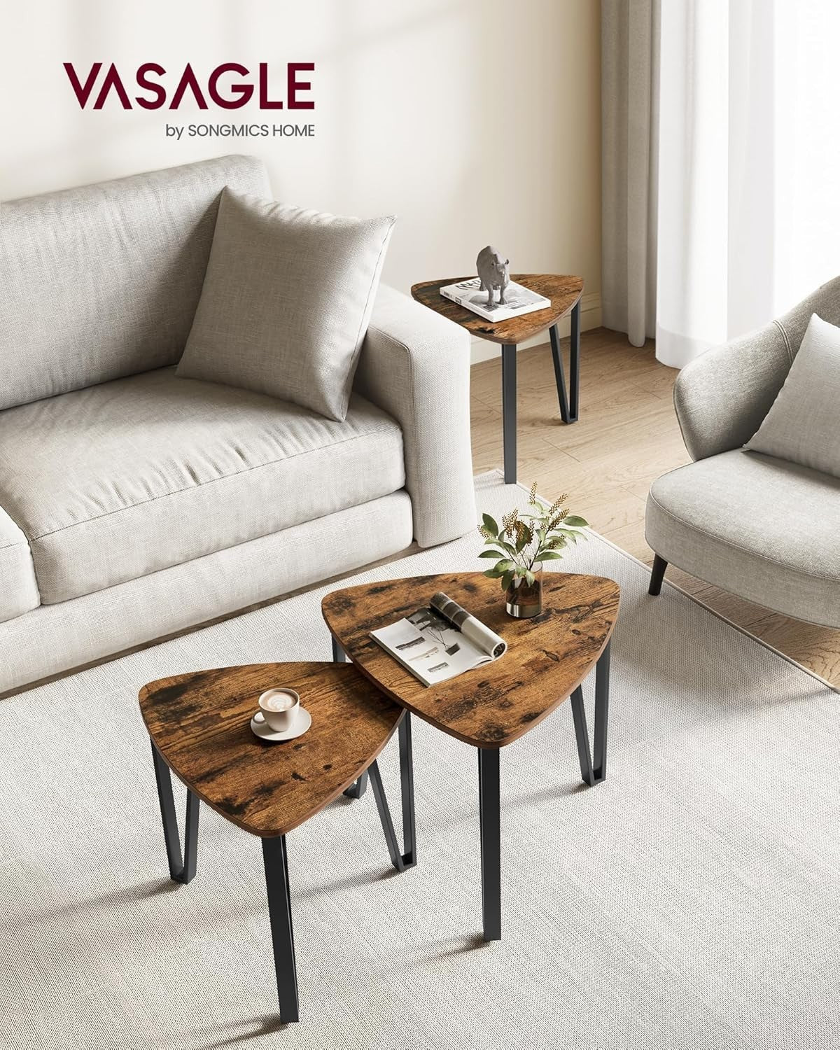 Set of 2 Nesting Triangle Side Tables Rustic Coffee End Table Wood/Steel Frame