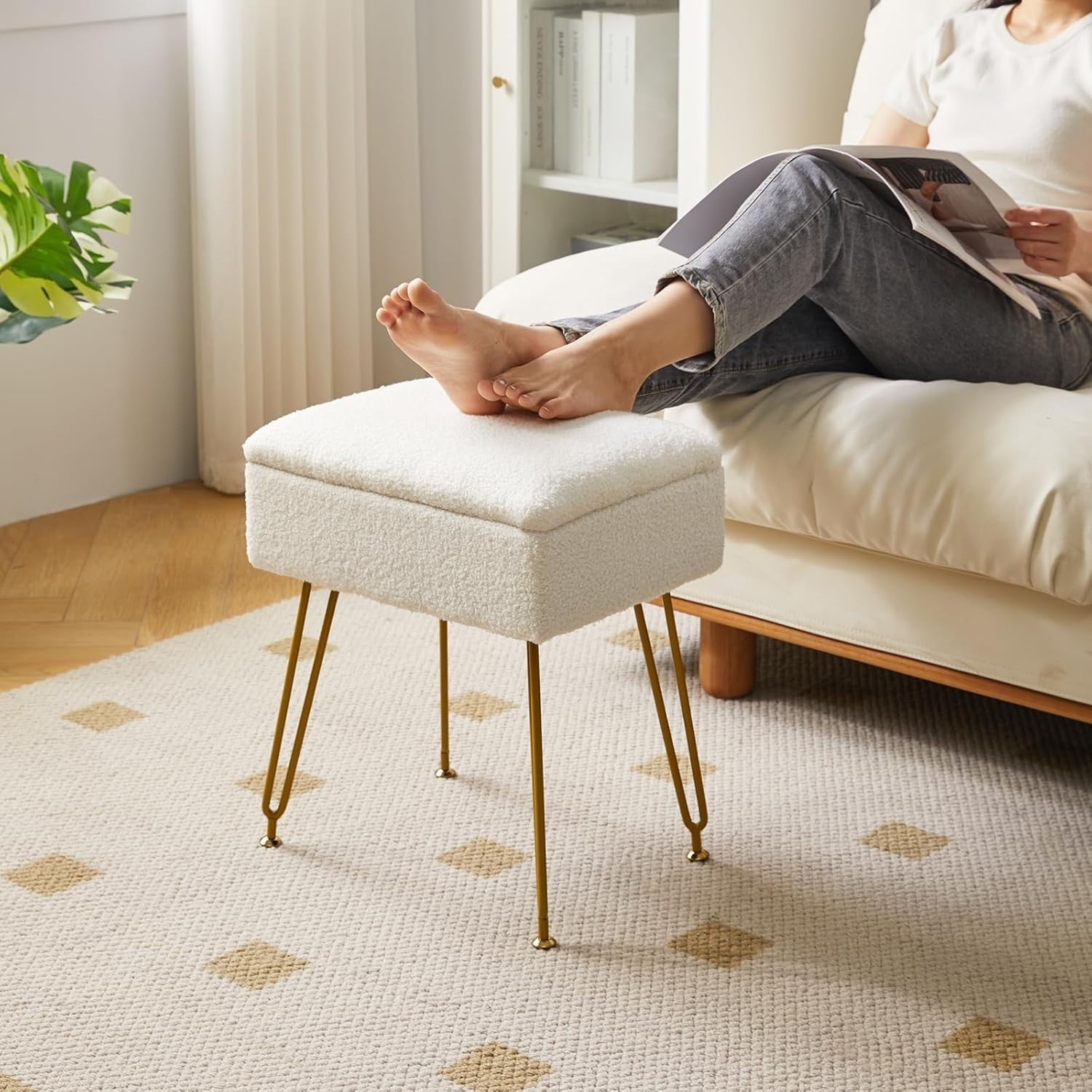 White Teddy Velvet Storage Ottoman Stool Modern Footrest Dressing Table Seat