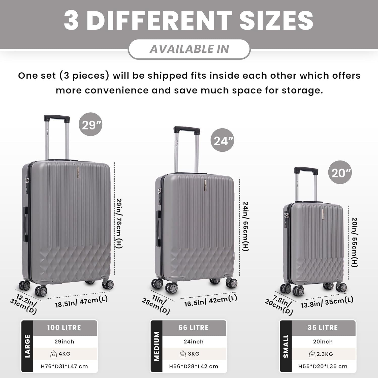 24 Inch Medium Hard Shell Suitcase ABS Lightweight 4 Spinner Wheels 66L
