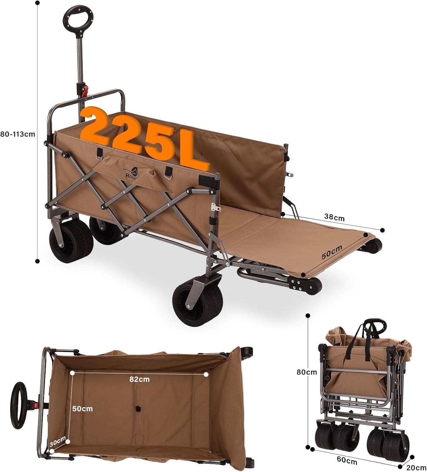 Folding Festival Trolley 225L with Brakes Push Pull Cart Extra Wide Wheels Khaki