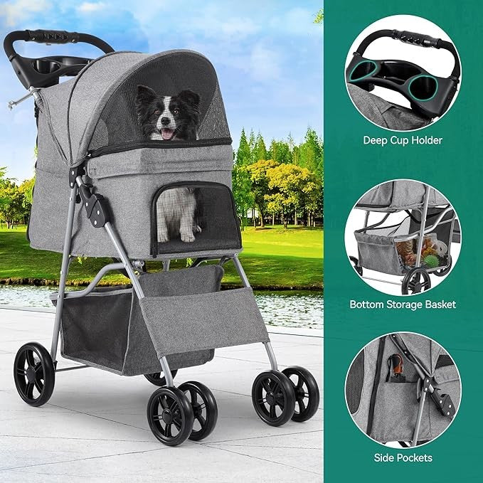 Dog Stroller 4 Wheel Folding Pet Buggy with Storage Basket Travel Pram