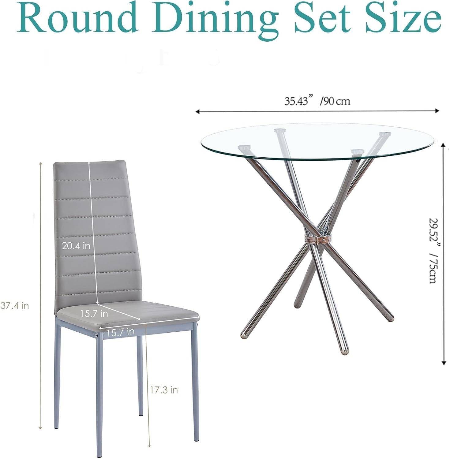 Round Glass Dining Table Set 4 Grey Faux Leather Chairs Compact Kitchen