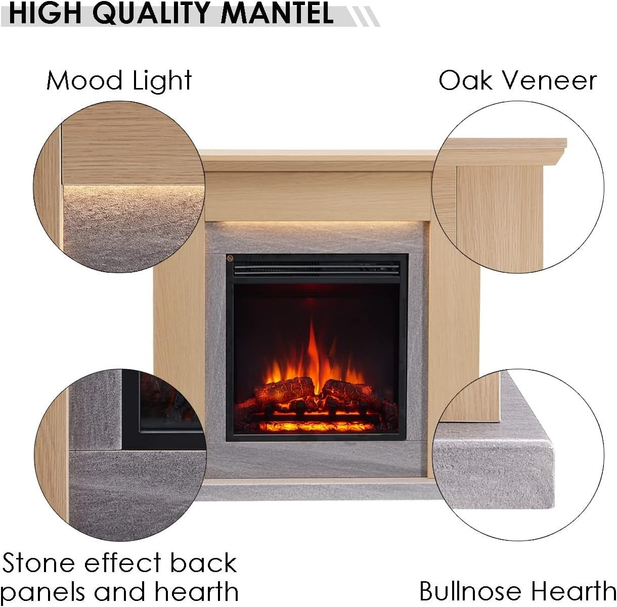 Electric Freestanding Fireplace 2kW Heater LED Flame Effect Natural Oak