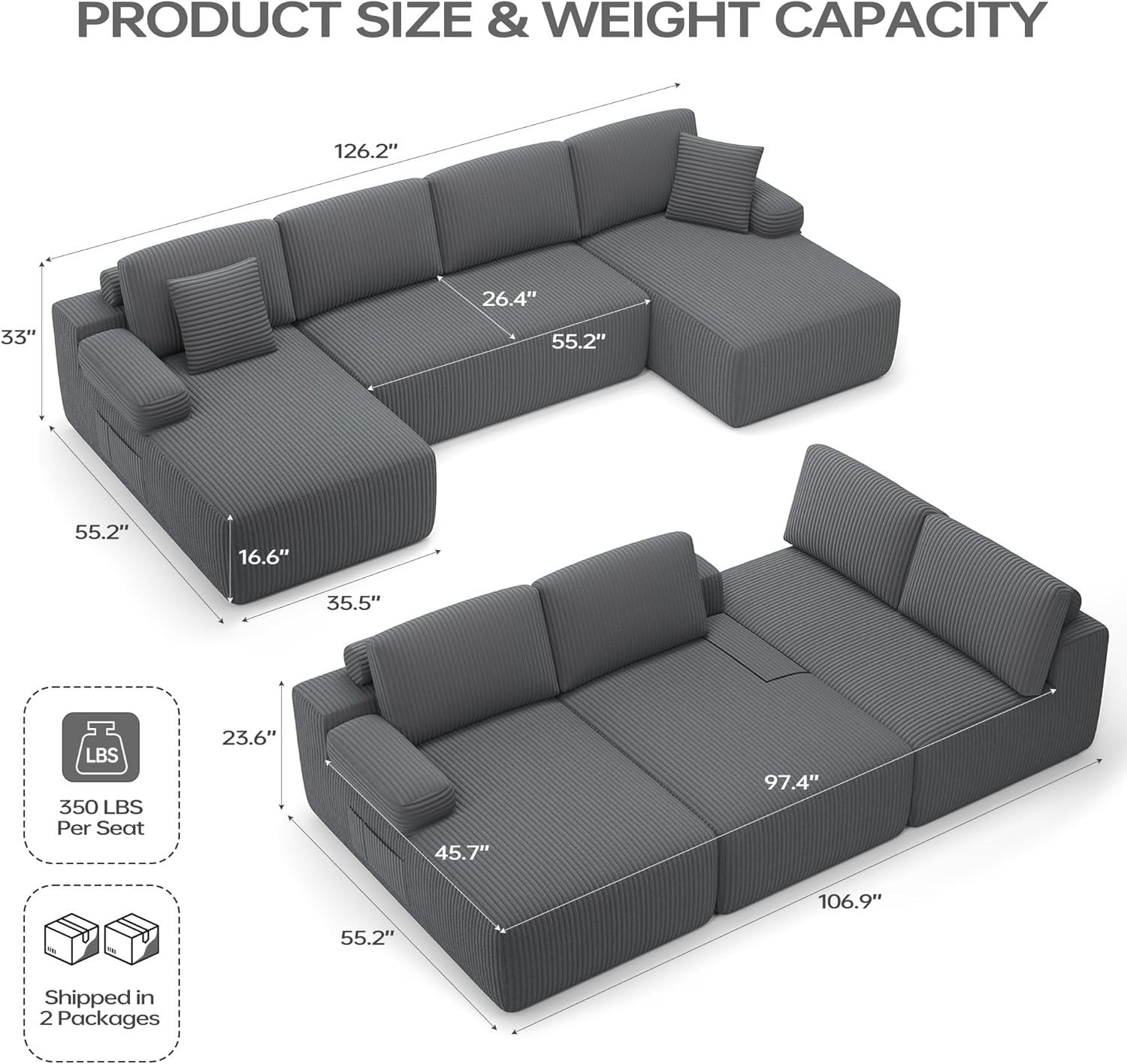 Modular U-Shaped Corduroy Sofa Bed with Memory Foam, Storage & No Assembly