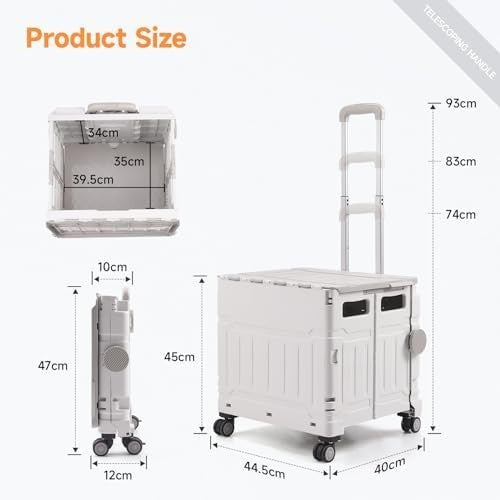 Foldable 75L 50KG Trolley Cart with Lid, 4 Wheels & Telescopic Handle