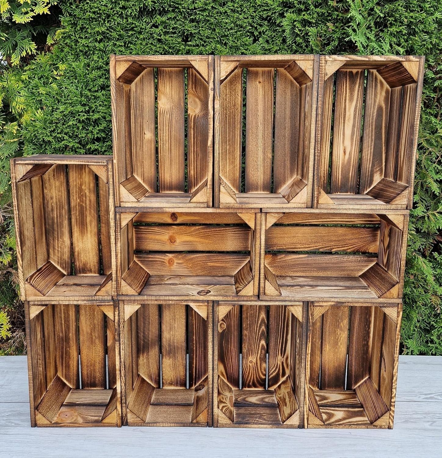 10-Piece Burnt Effect Wooden Storage Crates Organizer 30x20x15cm Durable