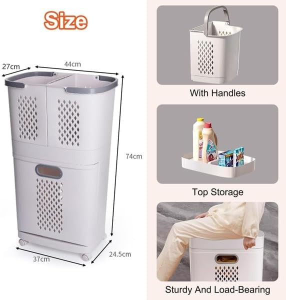 3-Tier Laundry Basket with Wheels, Bottom-Open Hamper & Storage Shelf 44×47×74cm