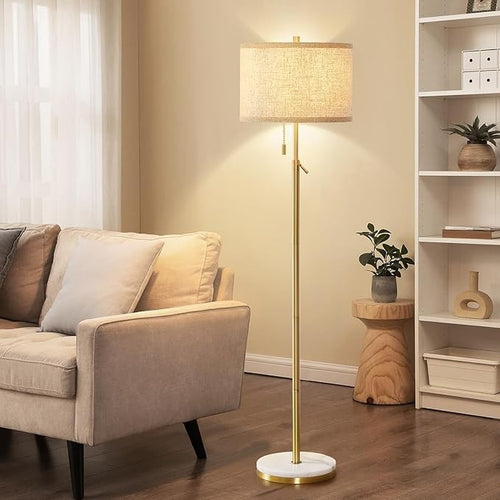 Gold Marble Floor Lamp Adjustable Height Fabric Shade Pull Chain Standing