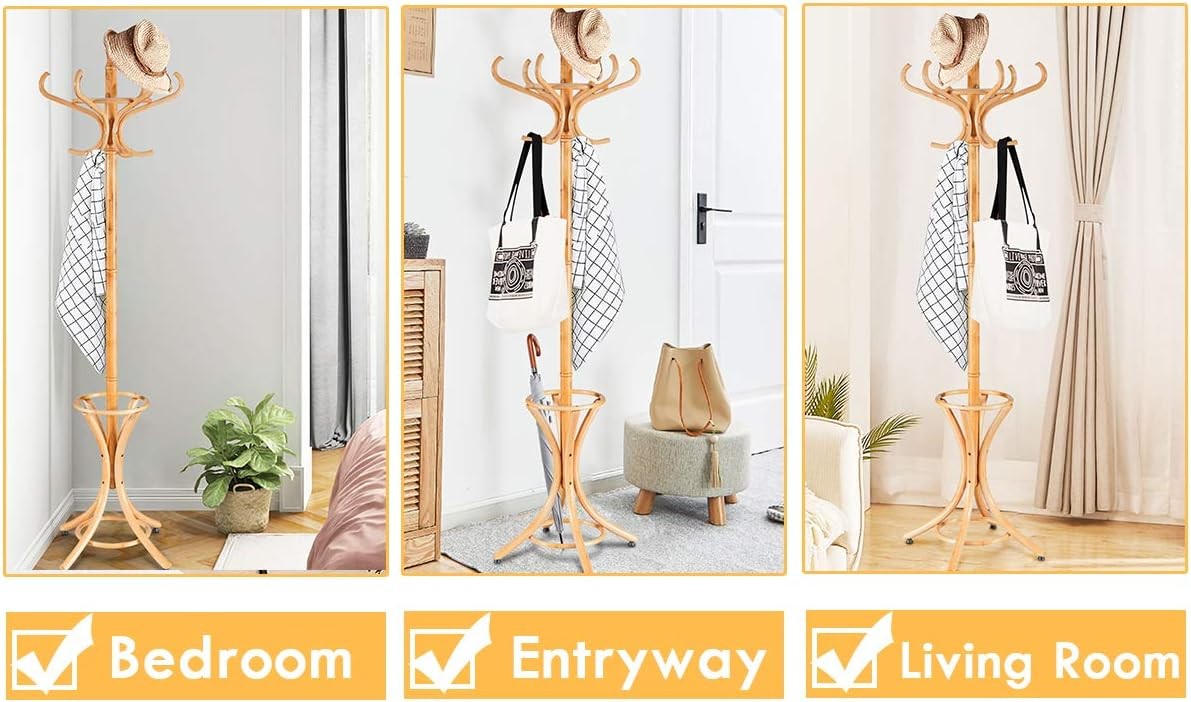 Wooden Coat Rack Stand with 12 Hooks & Umbrella Holder | Oak Hall Tree