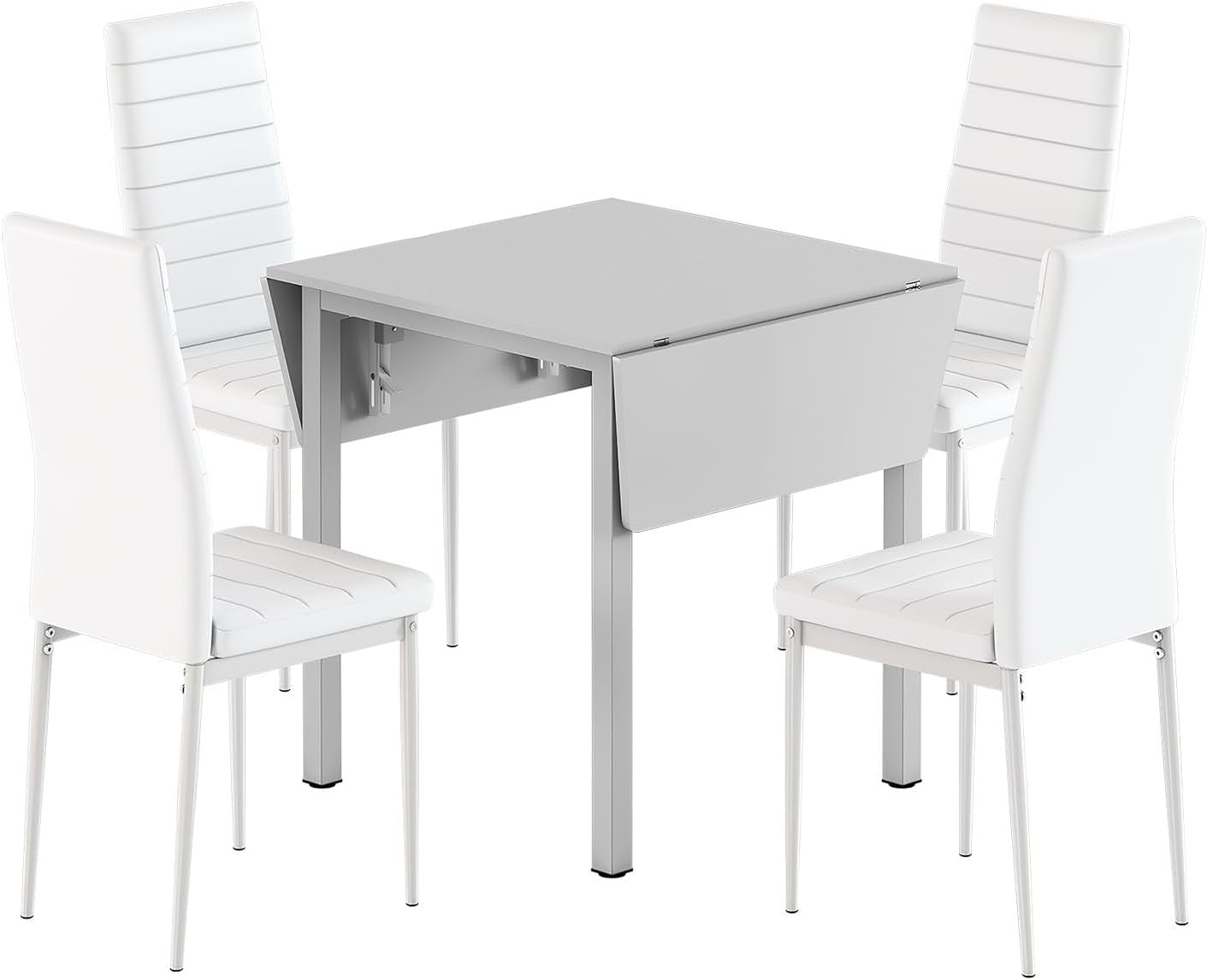 Space-Saving White Drop Leaf Dining Table & 2 High-Back Grey Leather Chairs