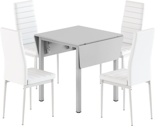 Space-Saving White Drop Leaf Dining Table & 2 High-Back Grey Leather Chairs