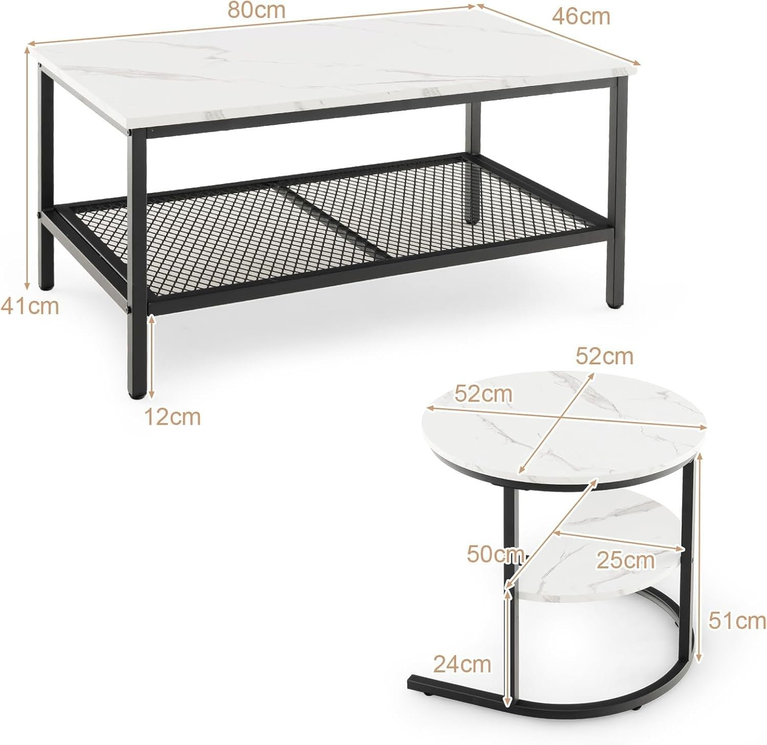 Modern Coffee Table Set 2-in-1 Nesting Side End Table Storage Black + White
