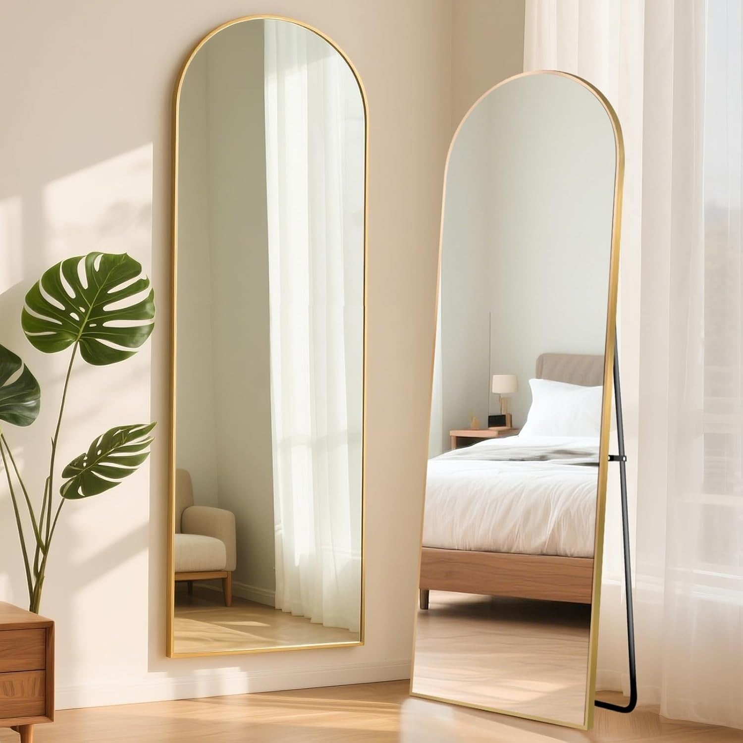 Full Length Arch Mirror 163x53cm Golden Frame Tempered Glass Free Standing