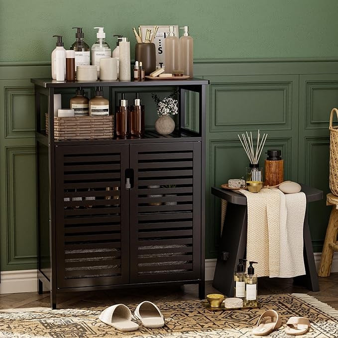 Black Bamboo Bathroom Storage Cabinet with Shutter Doors & Open Shelf 60x30x80cm