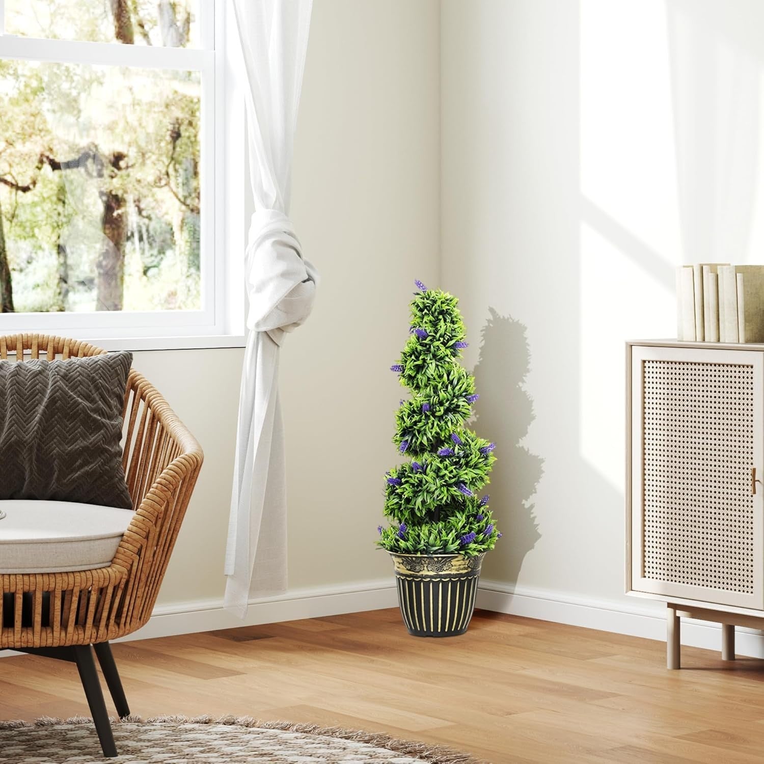 Set of 2 90cm Spiral Boxwood Topiary Trees with Lavender Faux Plants Home Decor
