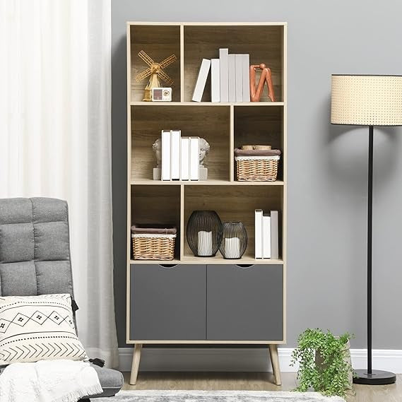 Modern Freestanding Bookcase with Cabinet, 6 Open Shelves, Tall Storage Unit
