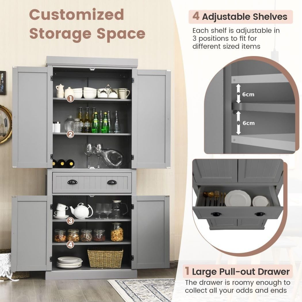 Grey Tall Kitchen Cupboard 4-Door Pantry Cabinet Drawer 183cm