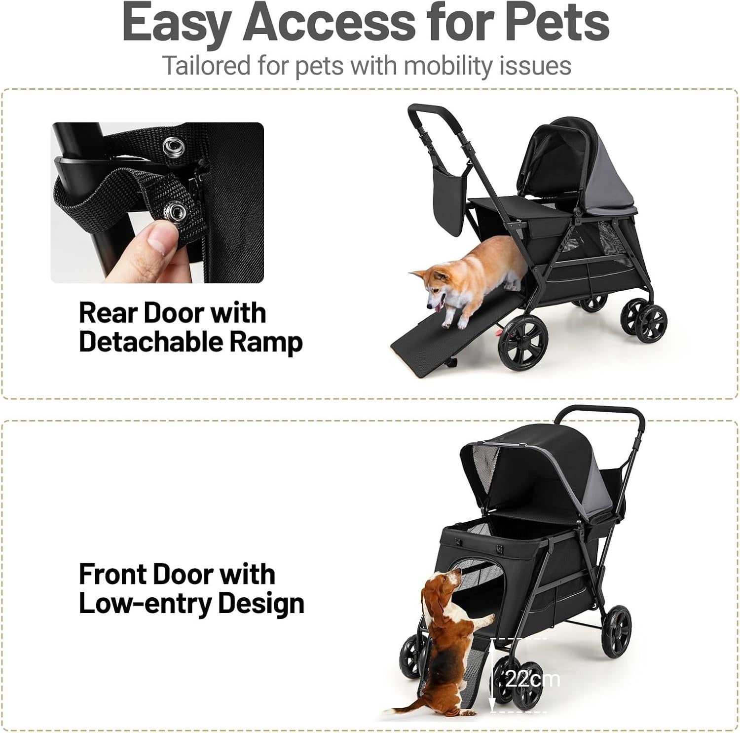 Pet Stroller Dog Buggy Foldable Pushchair Ramp Canopy Small Medium