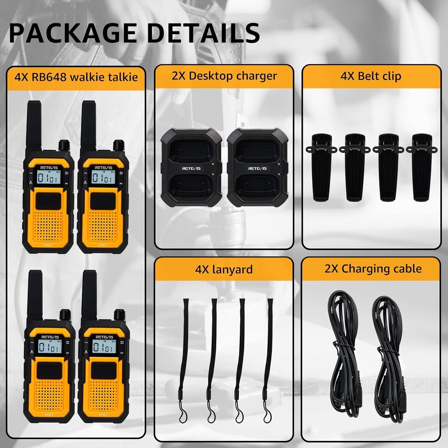 Retevis RB648 Heavy Duty Walkie Talkies IP67 Waterproof 2 Way Radio 4Pk