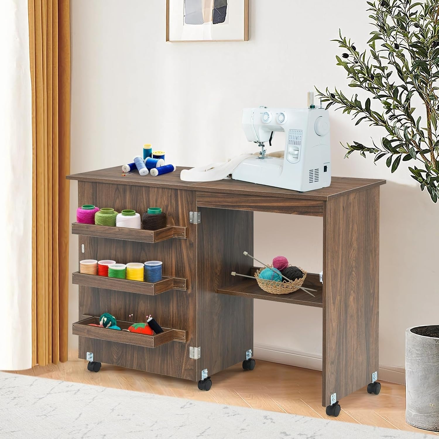 Folding Sewing Table 117cm Mobile Craft Desk with Shelves & Wheels Brown