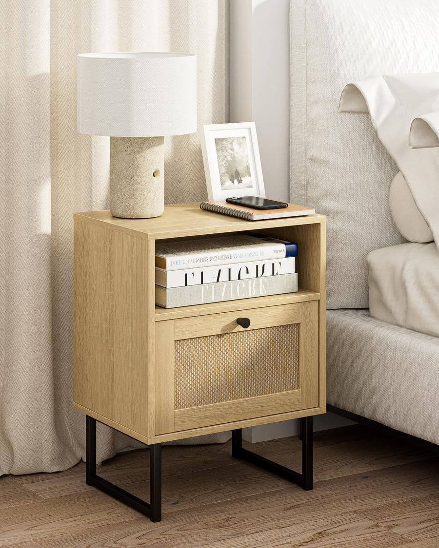 Natural Oak Rattan Bedside Table with Drawer Boho Nightstand Side Table